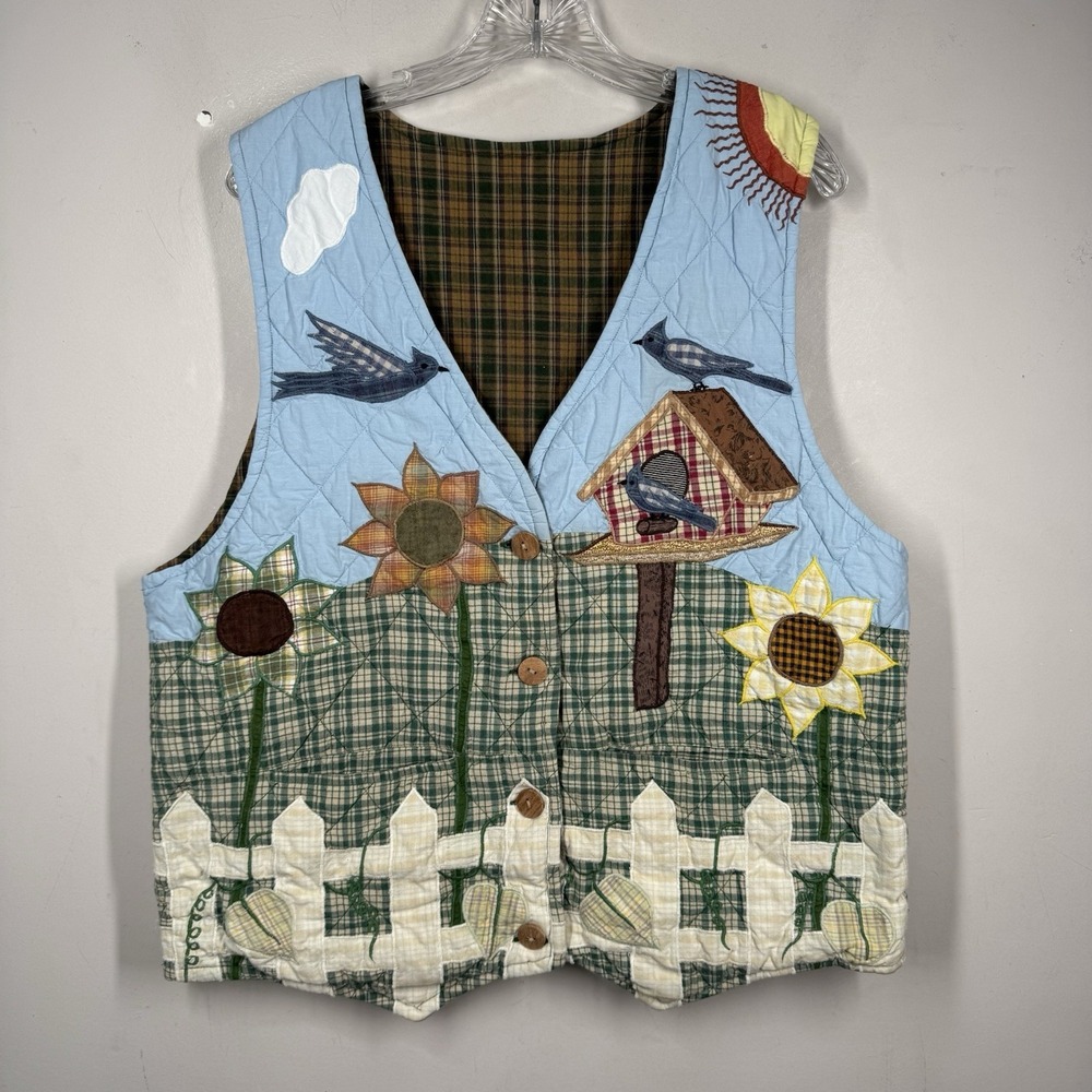 Handmade Quilted Vest Whimsy‎ OS Patchwork Appliqué Folk Art Birds House Boho